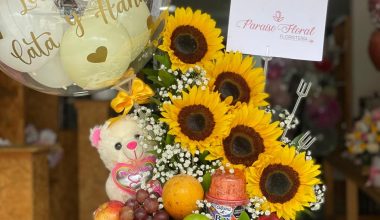 Caja con girasoles y peluche